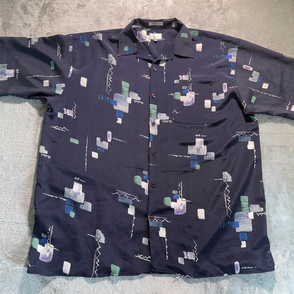 Avanti Shirt Men's Size 2XLT Navy Blue Multicolor Pattern Geometric Short Sleeve
